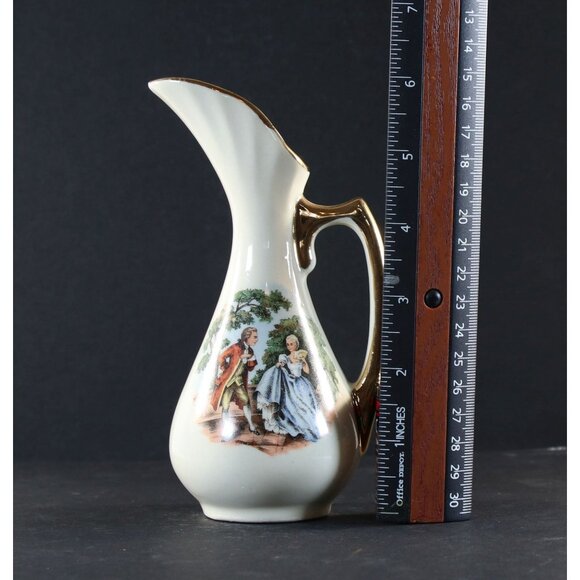 Hand Painted Pitcher Colonial Scene Gilded Accents 6.5" Japan 1950s GC - Picture 2 of 9